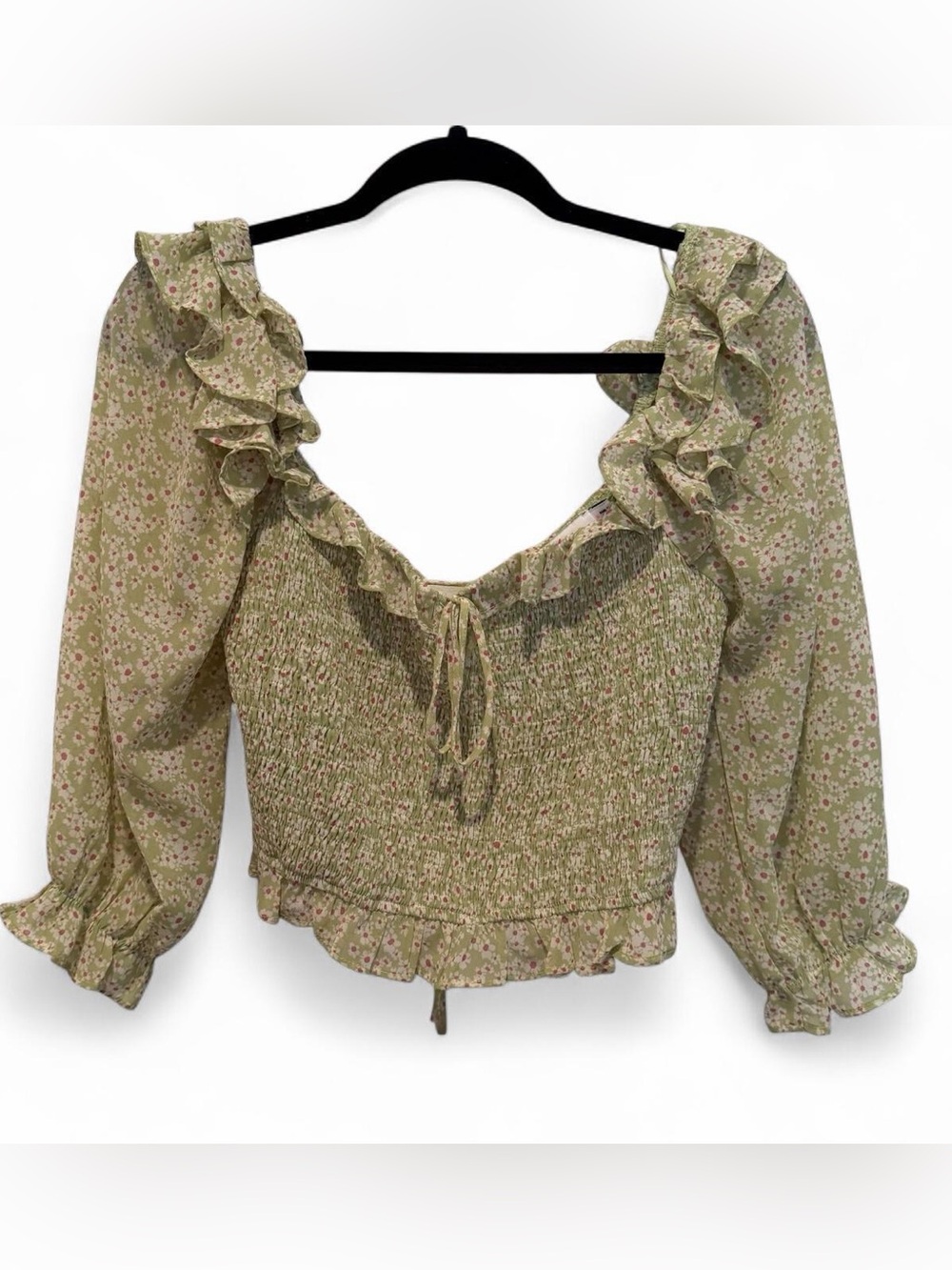 LUSH Sage Floral Smocked Ruffle Tie-Front Crop Top Blouse Medium